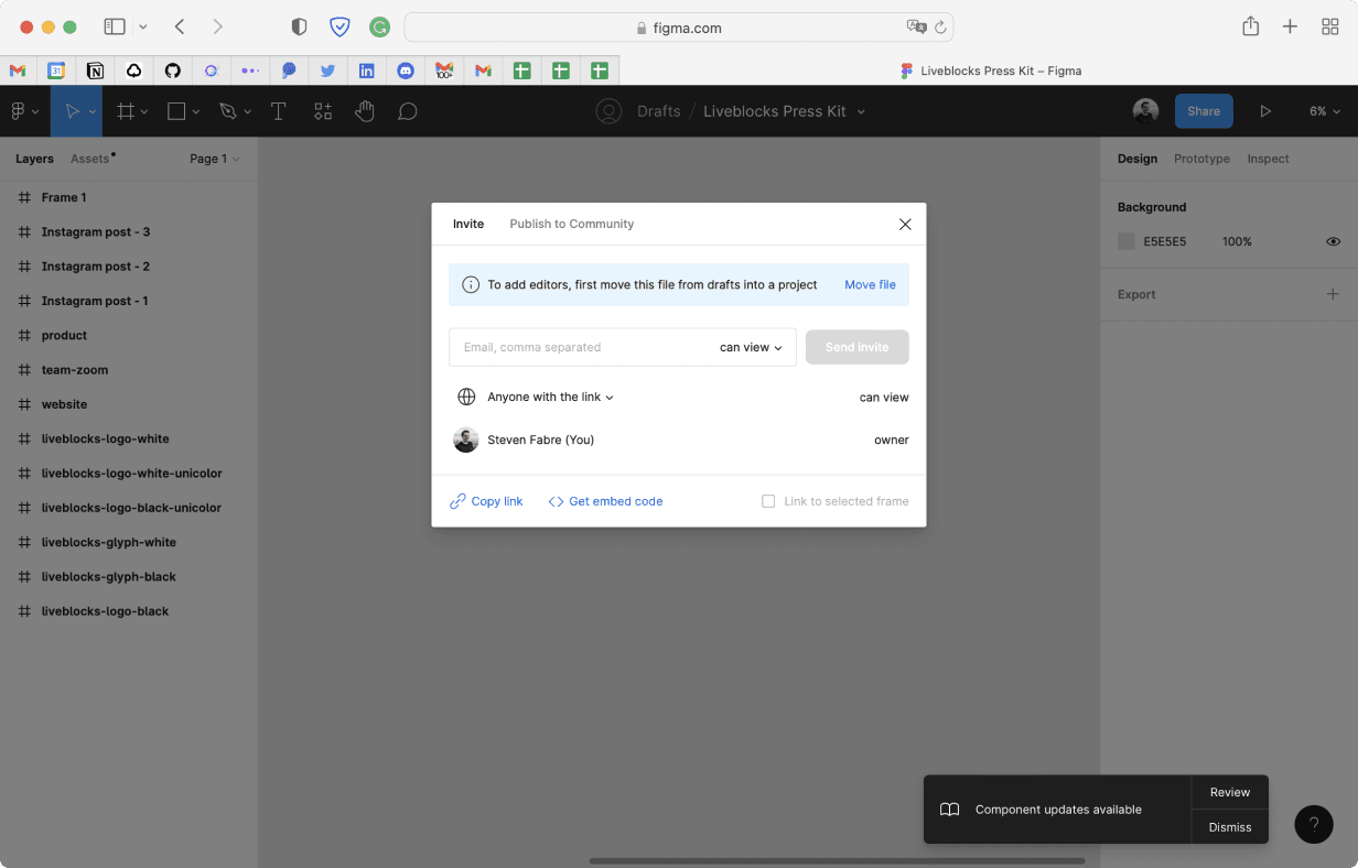 People can easily be invited to Figma files by sharing the URL or using their share dialog.