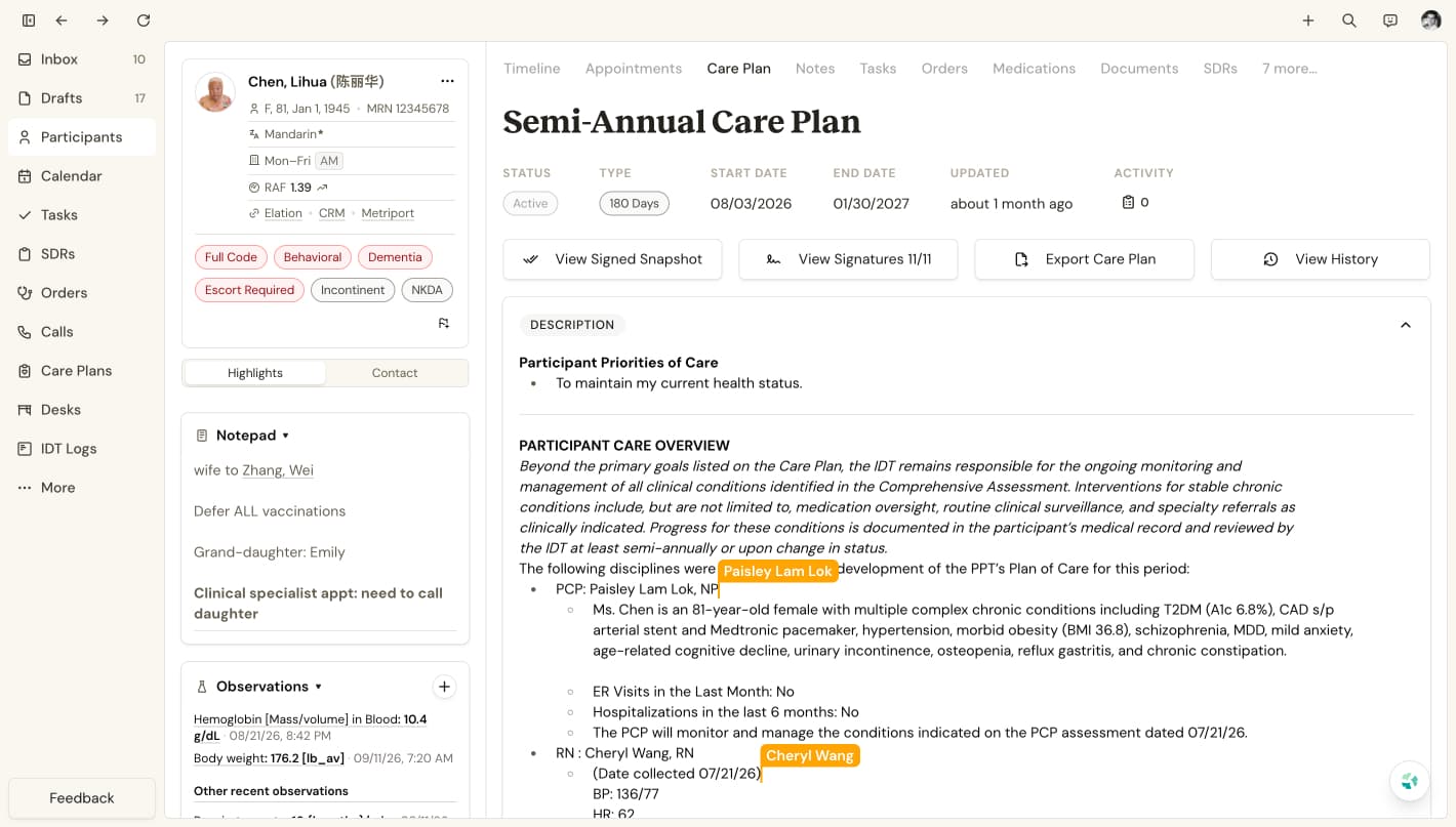 A Semi-Annual Care Plan with live presence as clinicians edit together