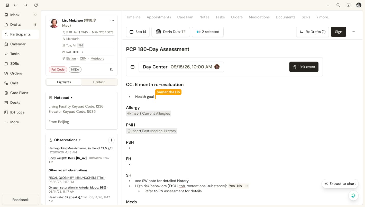 A PCP 180-Day Assessment with a live cursor in a shared clinical note