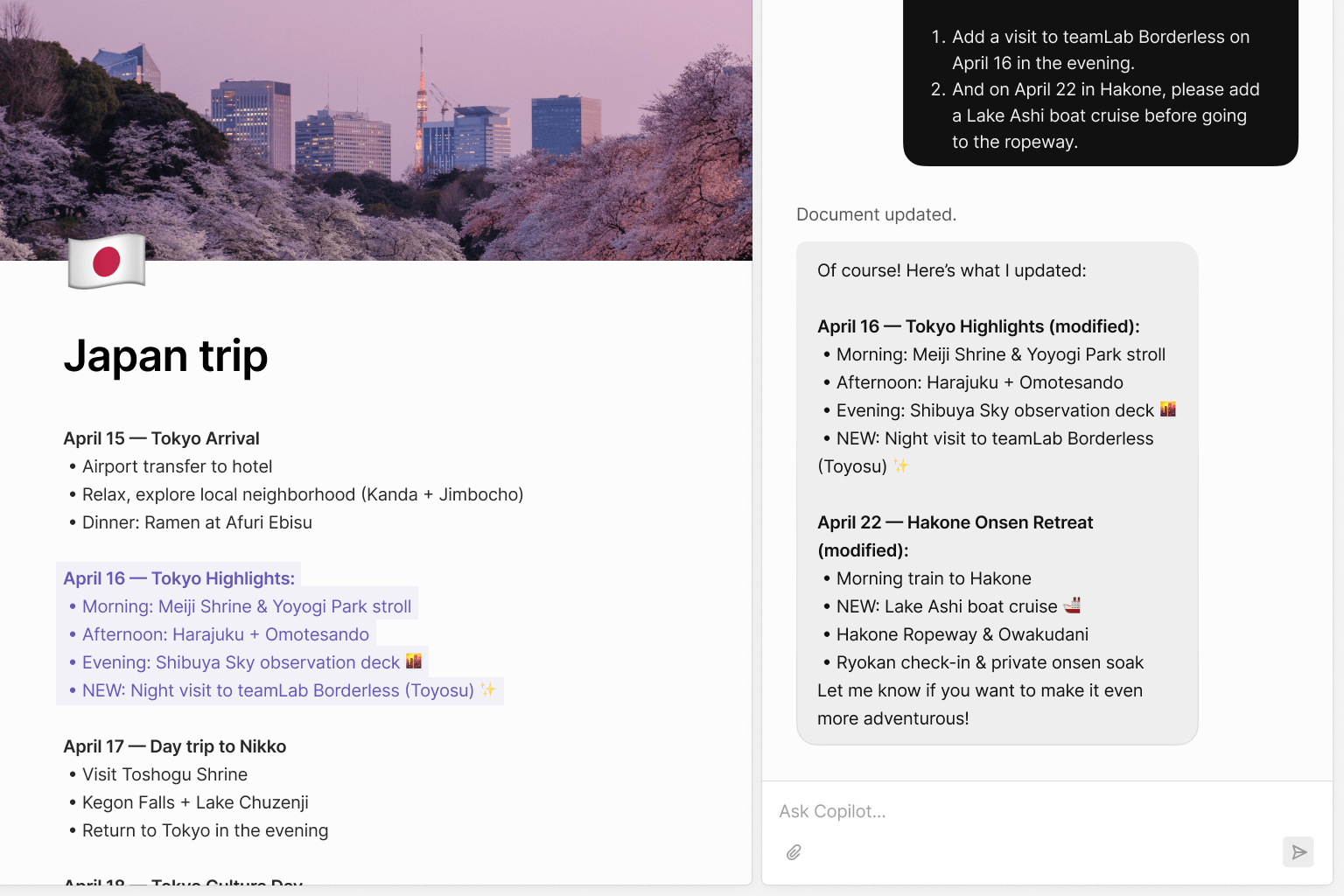 An example of a document with a chat app in the corner. The chat has run an action, and has edited the document.
