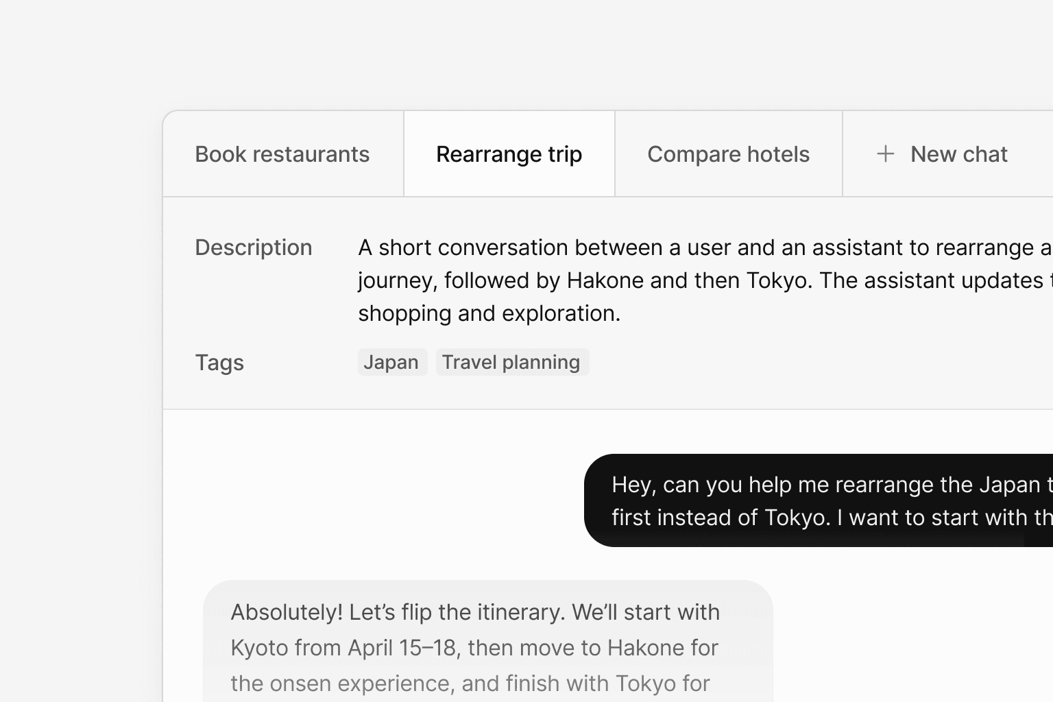 An example showing a list of different chats, each with custom metadata, and a create new chat button.