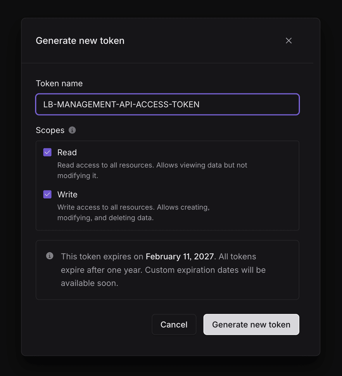 Generate new access token dialog