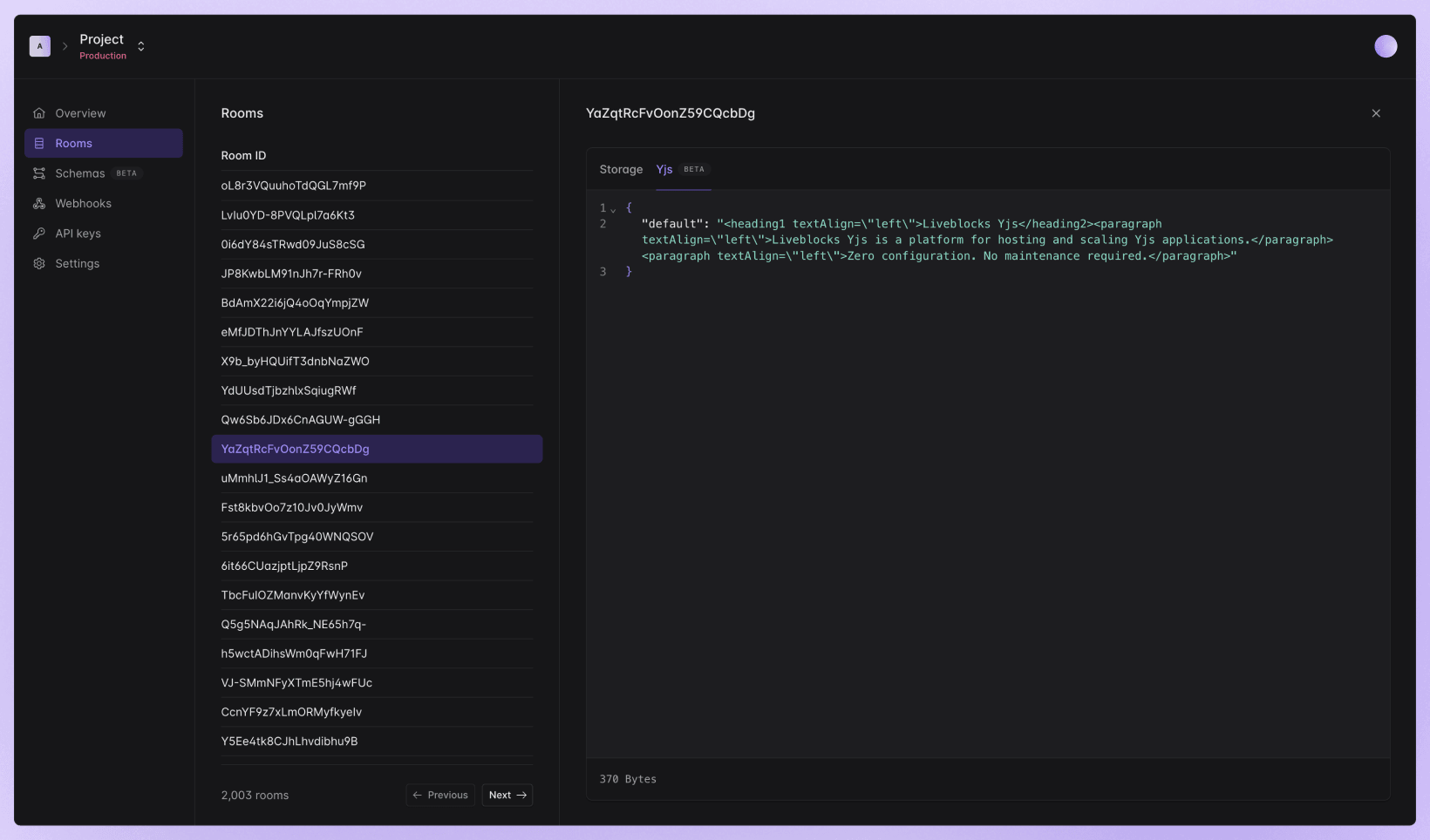 Yjs documents in the Liveblocks dashboard