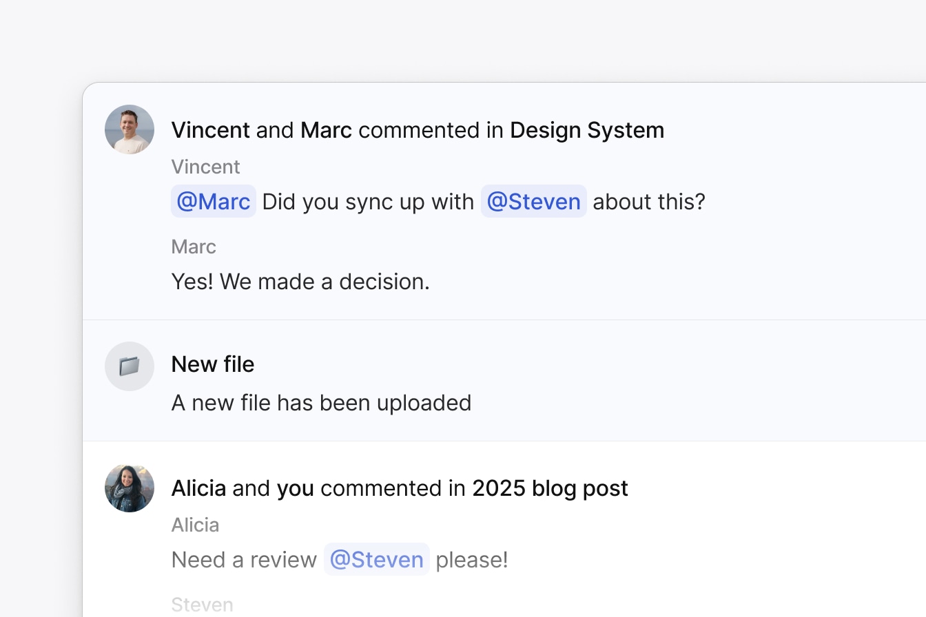 Grouped notifications with comments, mentions, and a file upload.