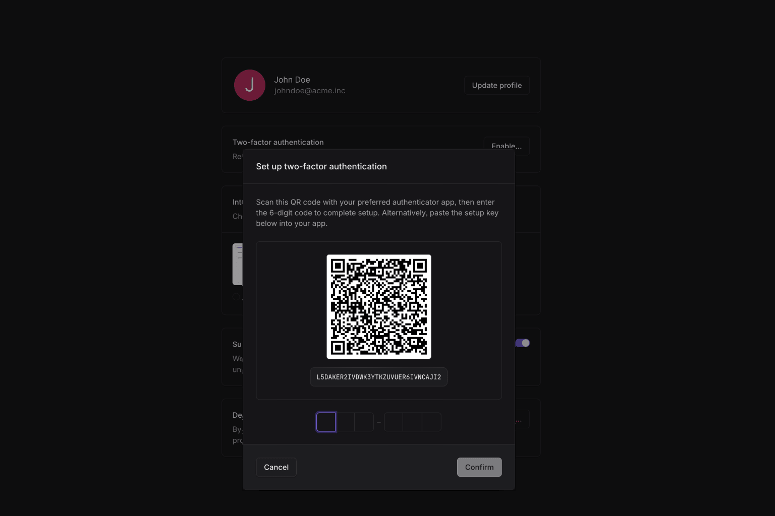 Set up two-factor authentication modal with QR code and code verification