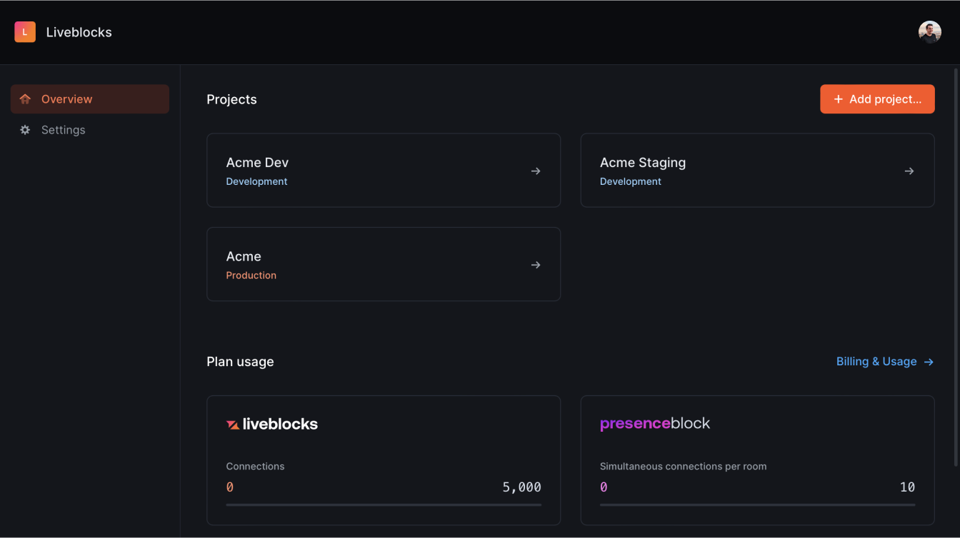 Liveblocks dashboard with three example projects