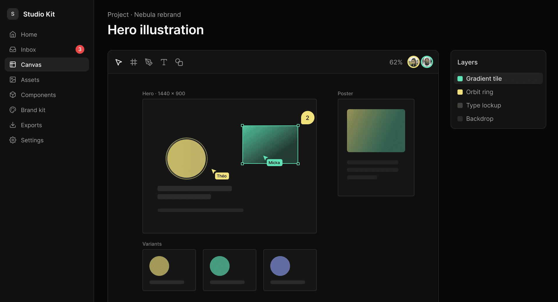 Design canvas with live cursors, a multiplayer selection, and a comment pin screenshot