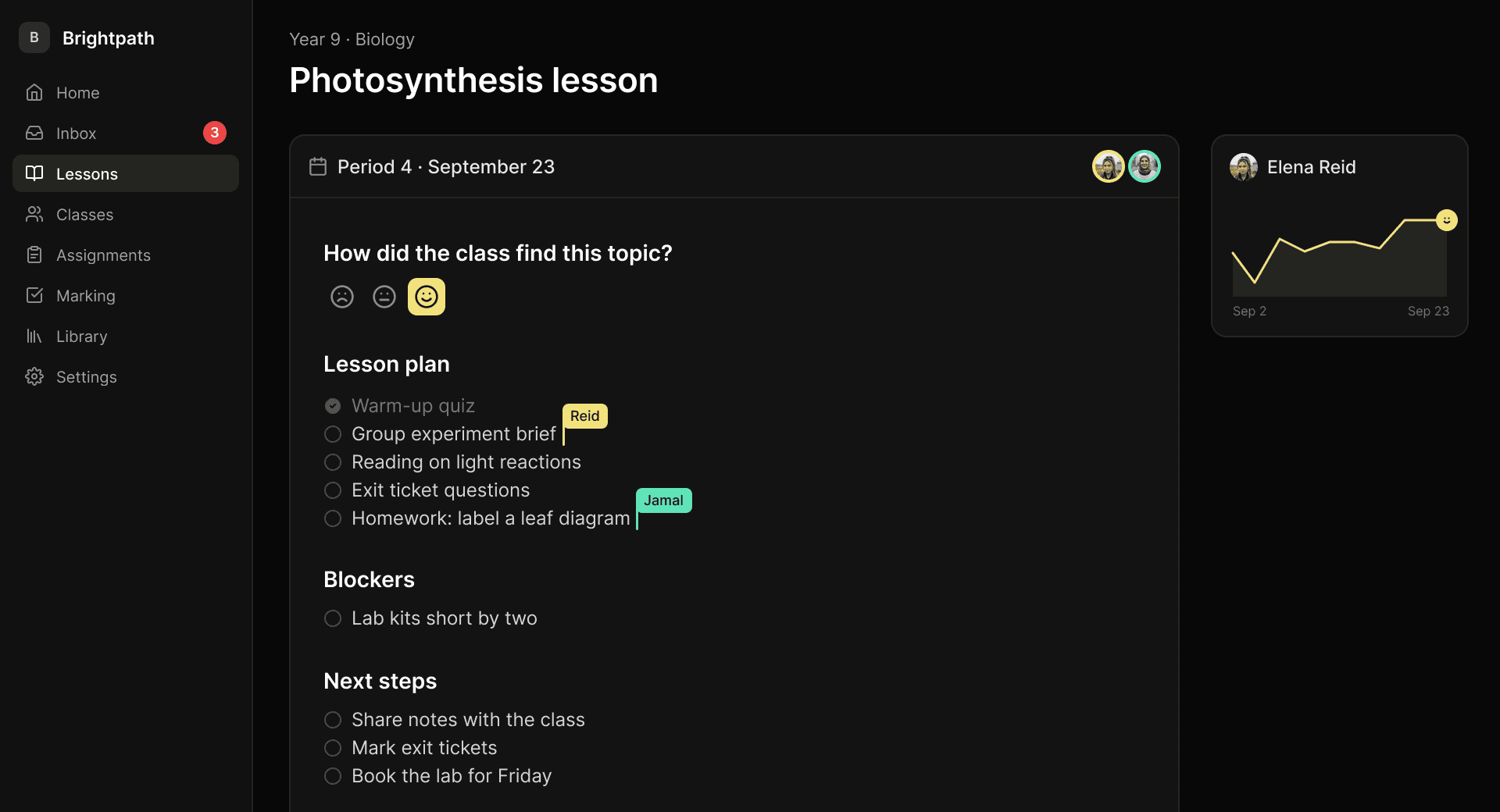 Lesson plan with two teachers editing at once and feedback left in context screenshot