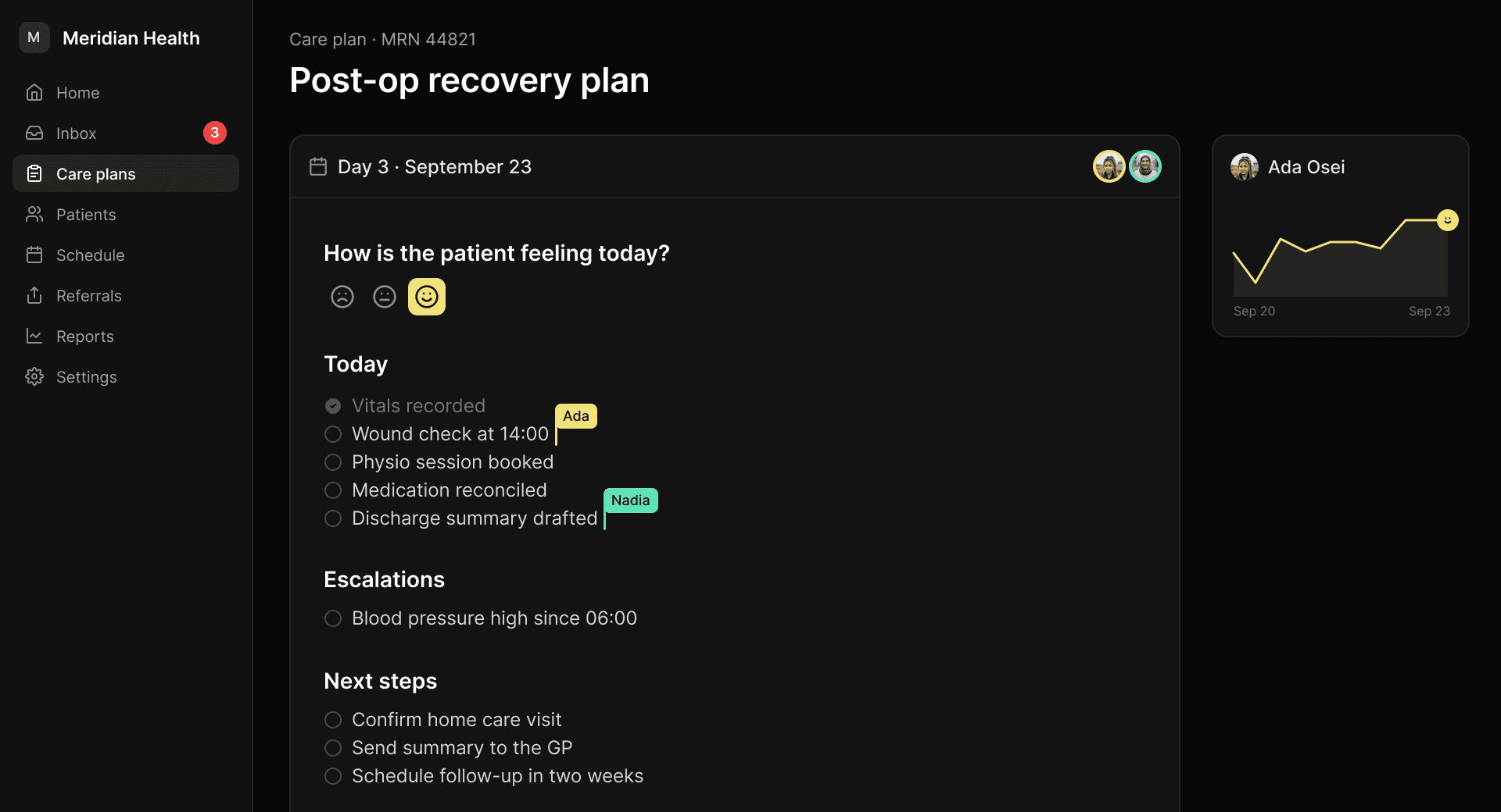 Shared care plan with the care team editing together and a comment pinned to a task screenshot