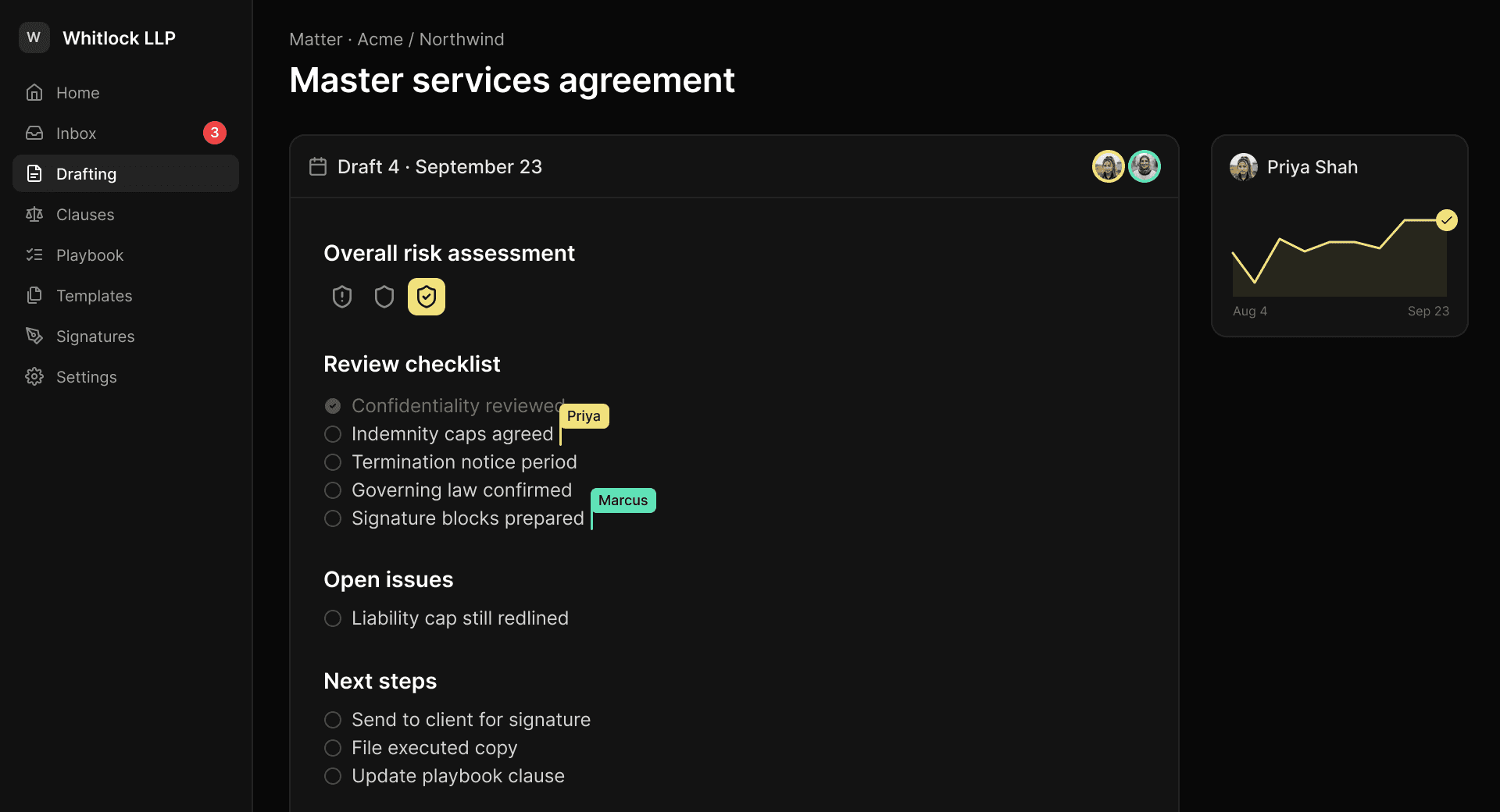 Contract draft with a shared review checklist and two lawyers editing at once screenshot