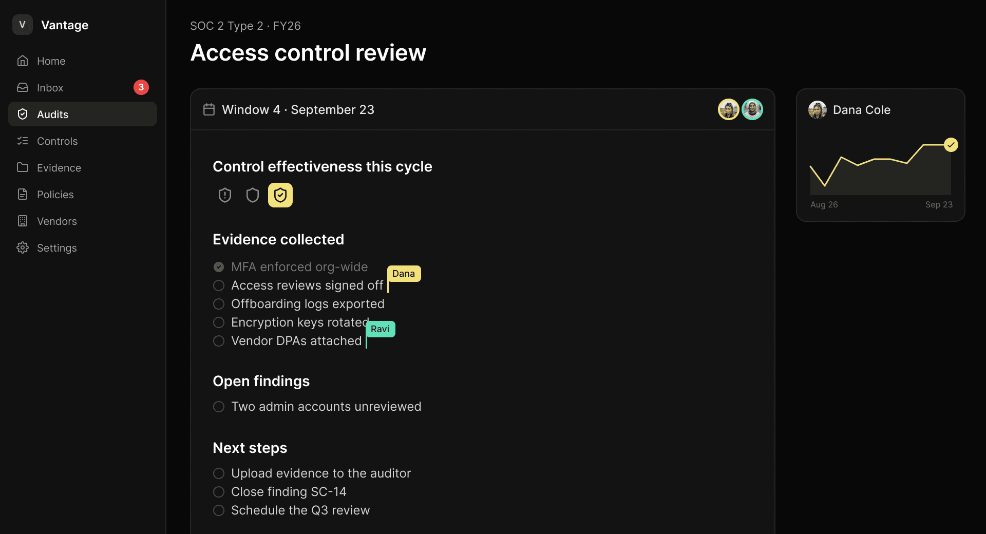 Audit review with controls signed off by two reviewers and a comment on evidence screenshot